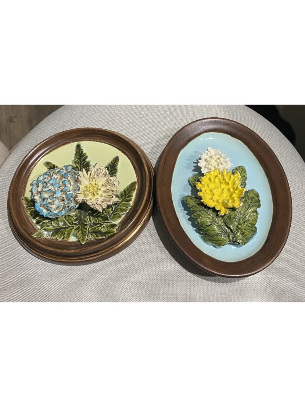 Vintage Ceramic Flower Floral Wall Plaques Set of 2 Oval 3D Cottagecore Garden